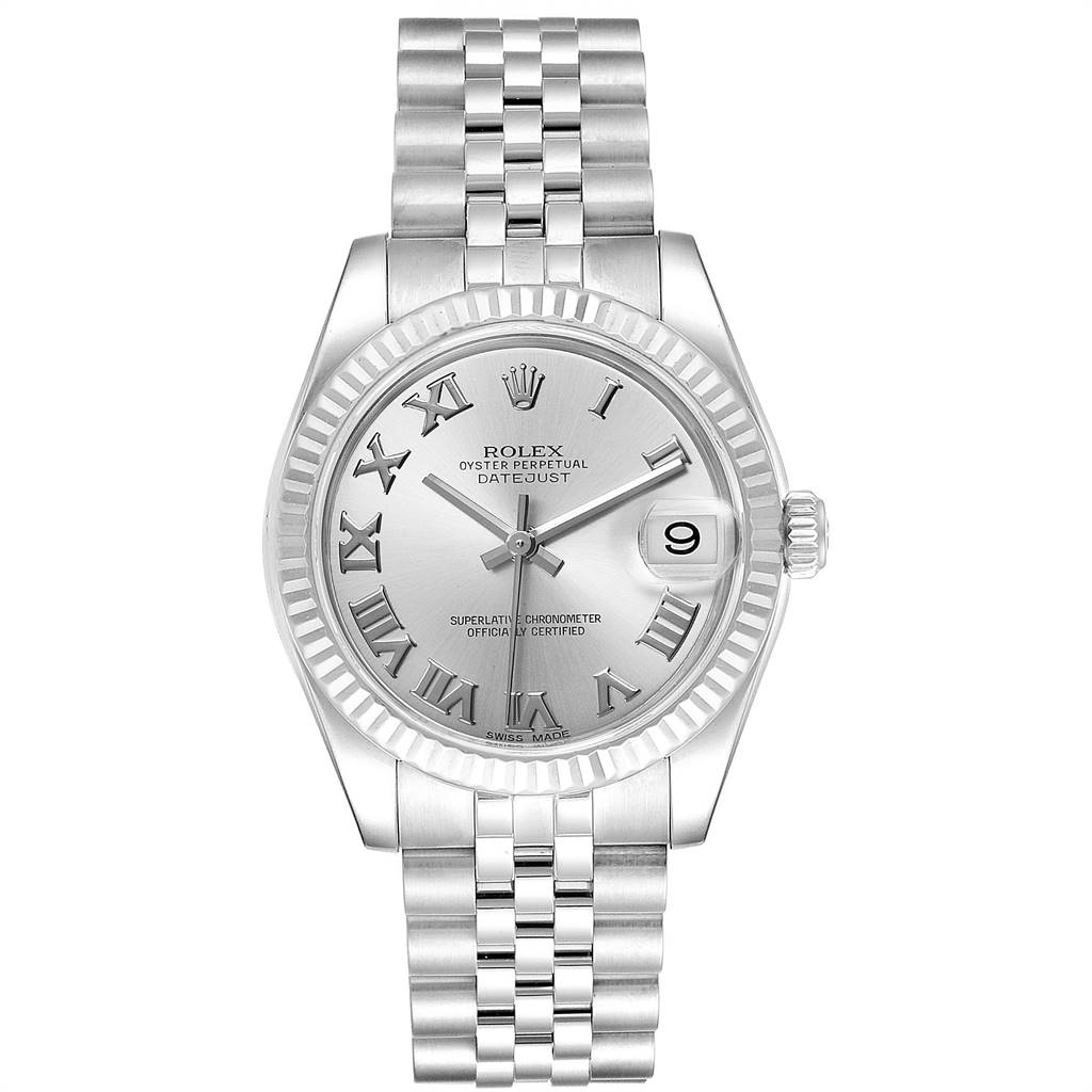 The image displays a frontal view of a Rolex Oyster Perpetual Datejust Mid-Size watch, showing the face, bezel, and bracelet clearly.