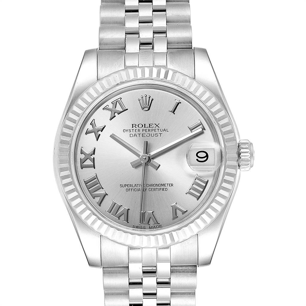 This image shows a Rolex Mid-Size 178274 Women's Stainless Steel Silver Dial 178274 Women's Stainless Steel Silver Dial Datejust watch from a front angle, highlighting the dial, hands, date window, and bracelet.