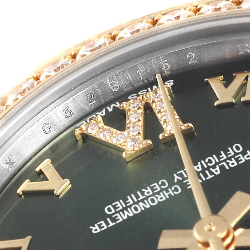 The close-up image shows the dial and diamond-set Roman numerals of a mid-size Rolex watch.