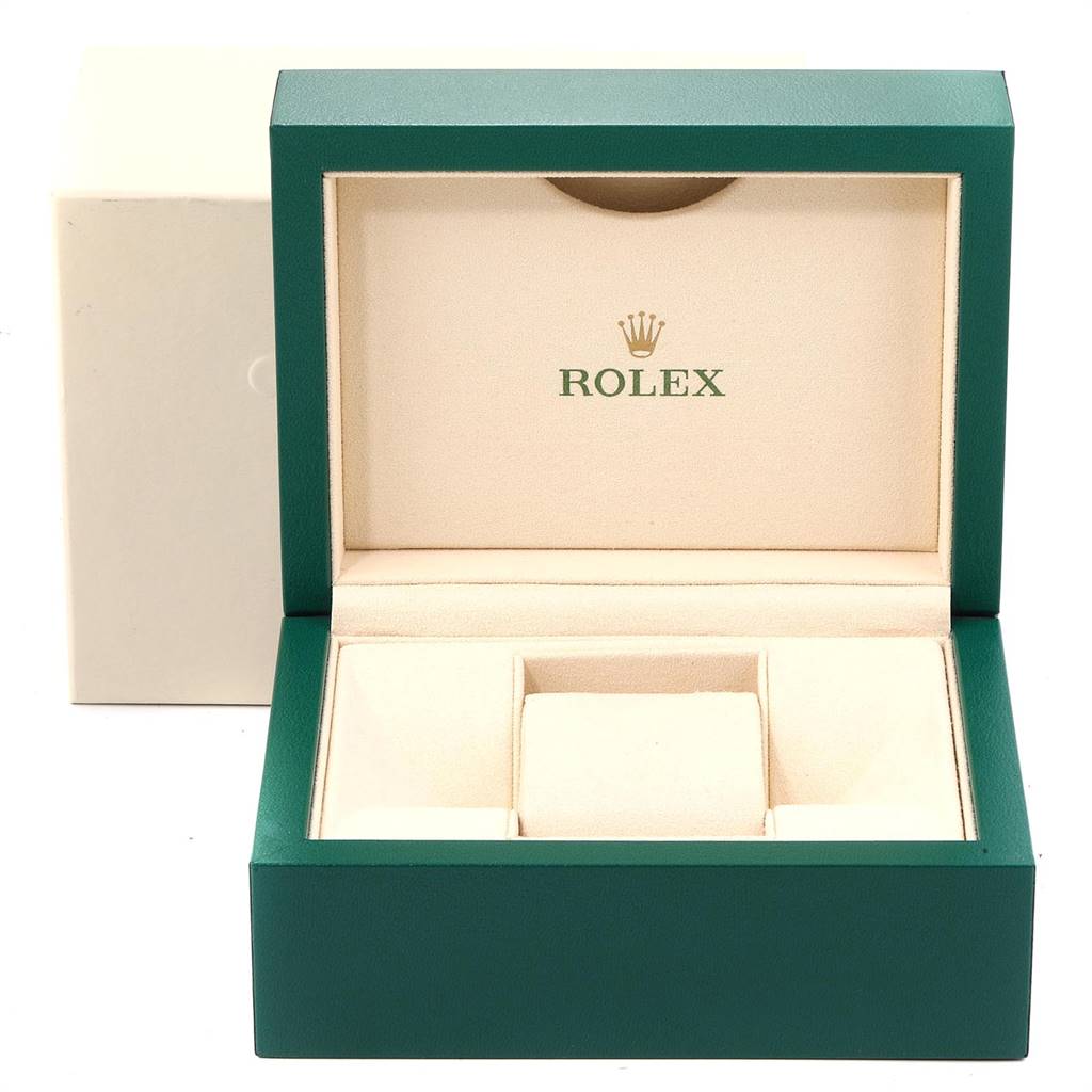 This is an empty Rolex watch box, with the interior visible, showcasing the brand logo and compartments for the Mid-Size model.