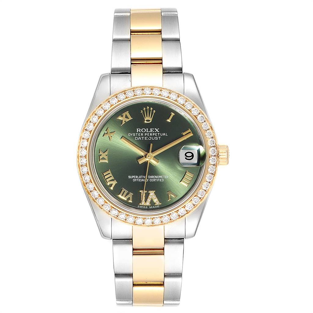 The image shows a front view of a Rolex Datejust Mid-Size watch featuring a two-tone bracelet and a green dial.