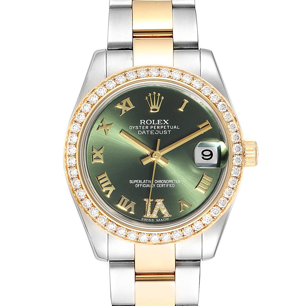 This image shows a front view of a Rolex Oyster Perpetual Datejust Mid-Size watch with a green dial and diamond bezel.