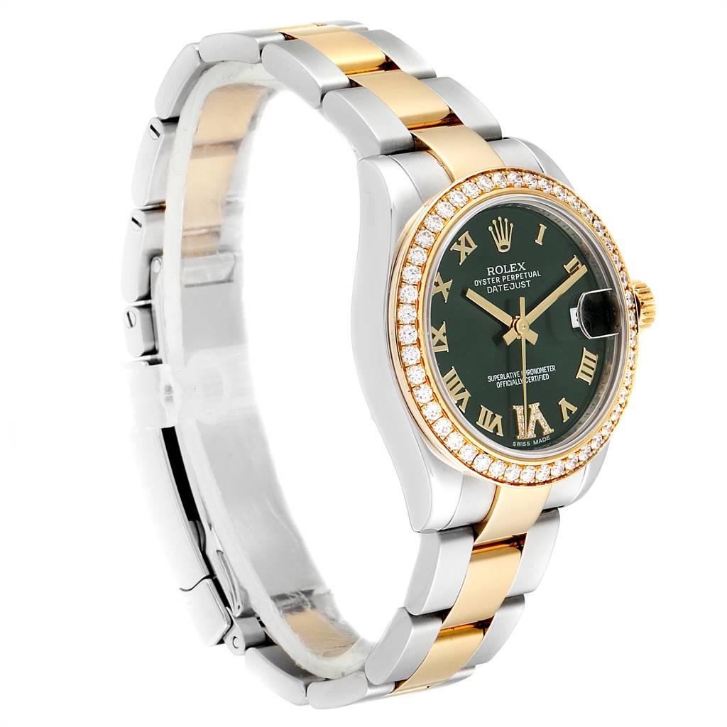 This Rolex Mid-Size 178383 Women's Steel and Gold (two tone) Green Dial 178383 Women's Steel and Gold (two tone) Green Dial Datejust watch is shown at a three-quarter angle, featuring its bezel, dial, and bracelet.