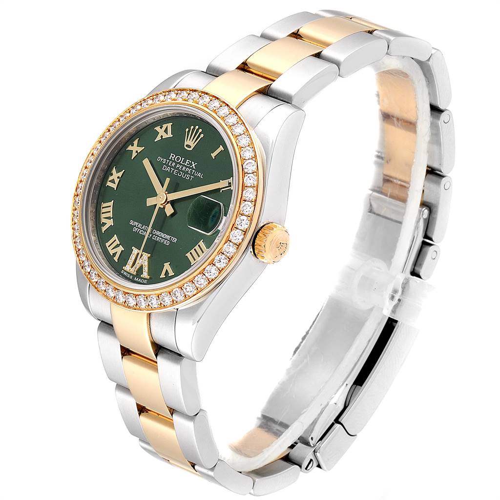 The image shows a Rolex Mid-Size 178383 Women's Steel and Gold (two tone) Green Dial 178383 Women's Steel and Gold (two tone) Green Dial Datejust model watch at a slightly angled top-front view, highlighting the bezel, dial, and bracelet.