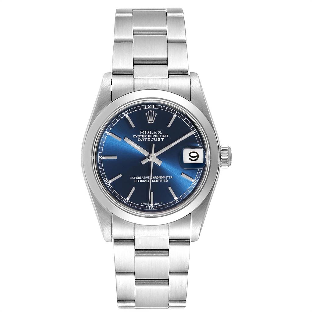 This image shows a front-facing view of a Rolex Mid-Size 78240 Women's Stainless Steel Blue Dial 78240 Women's Stainless Steel Blue Dial Oyster Perpetual Datejust watch.