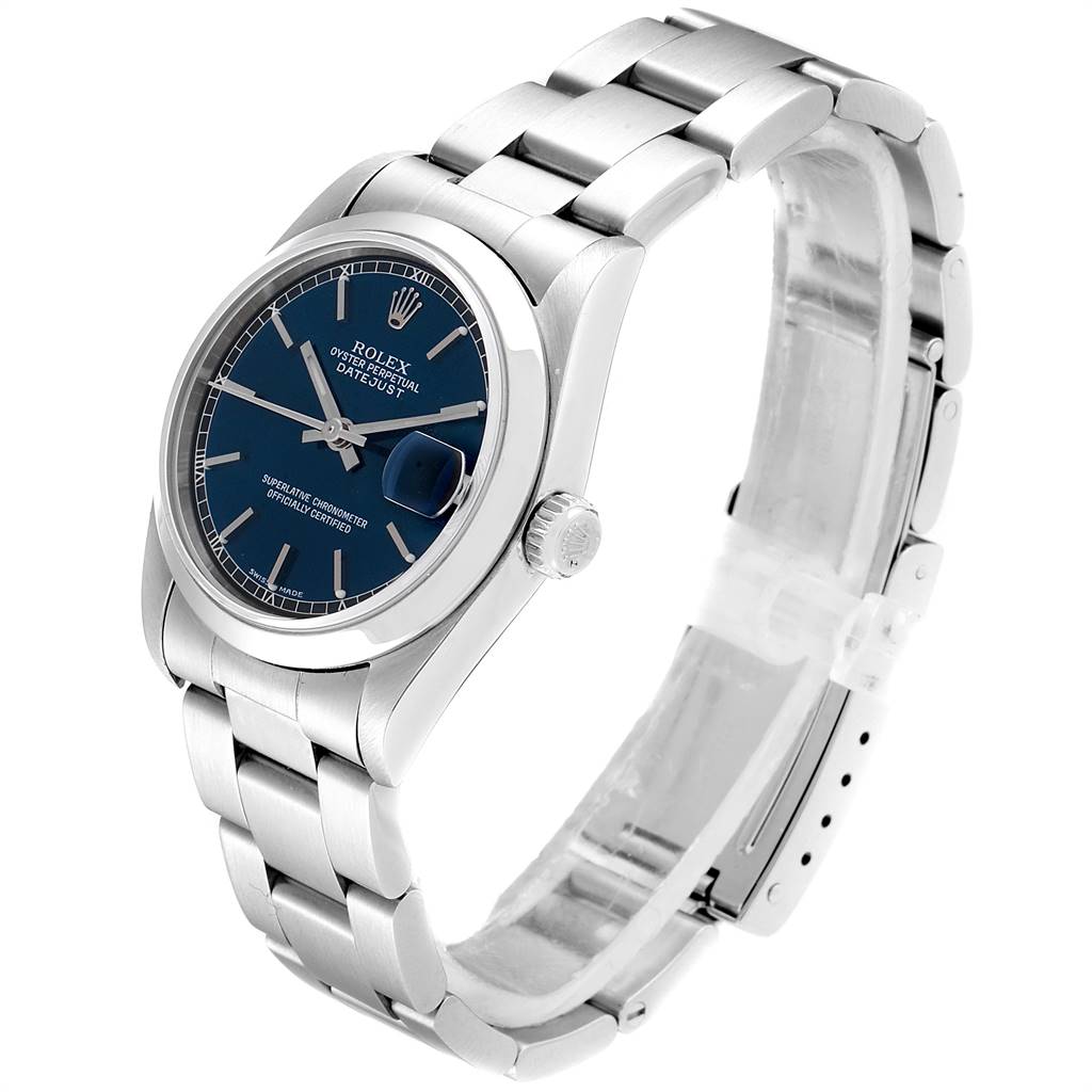This image shows a Rolex Mid-Size 78240 Women's Stainless Steel Blue Dial 78240 Women's Stainless Steel Blue Dial watch from a left-side angle, displaying the bracelet, face, and crown.