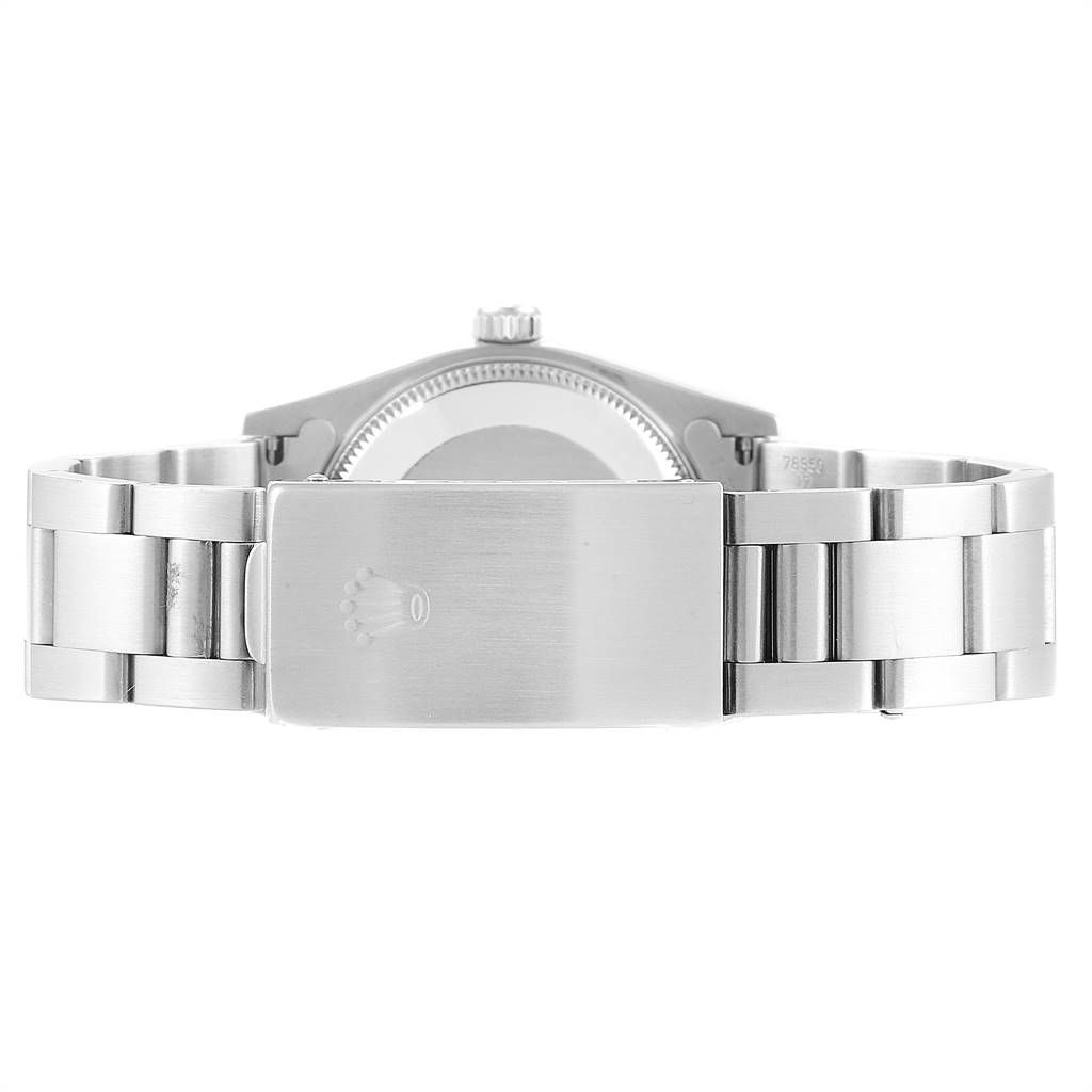The image shows the back view of a Mid-Size Rolex watch, highlighting the clasp and bracelet.