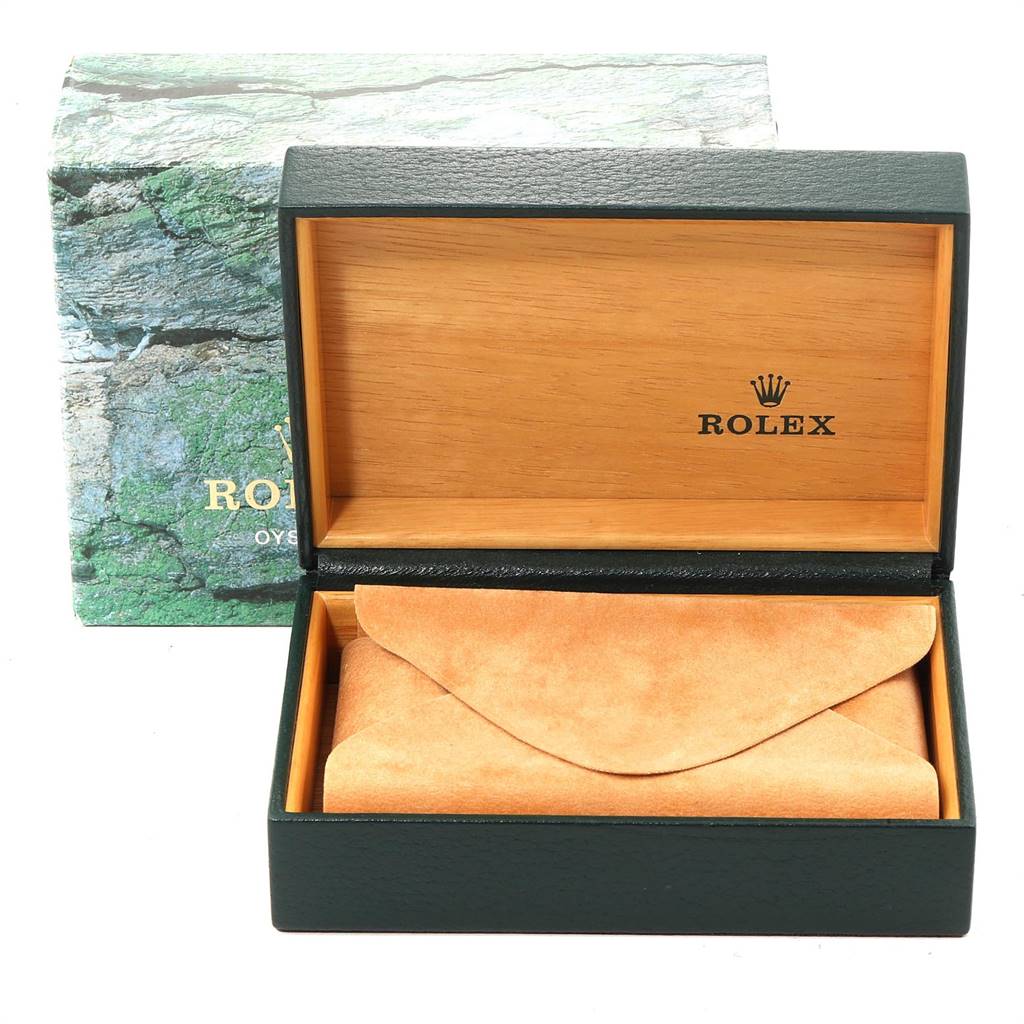 This image shows a Rolex watch box and sleeve for a Mid-Size model, viewed from the front.