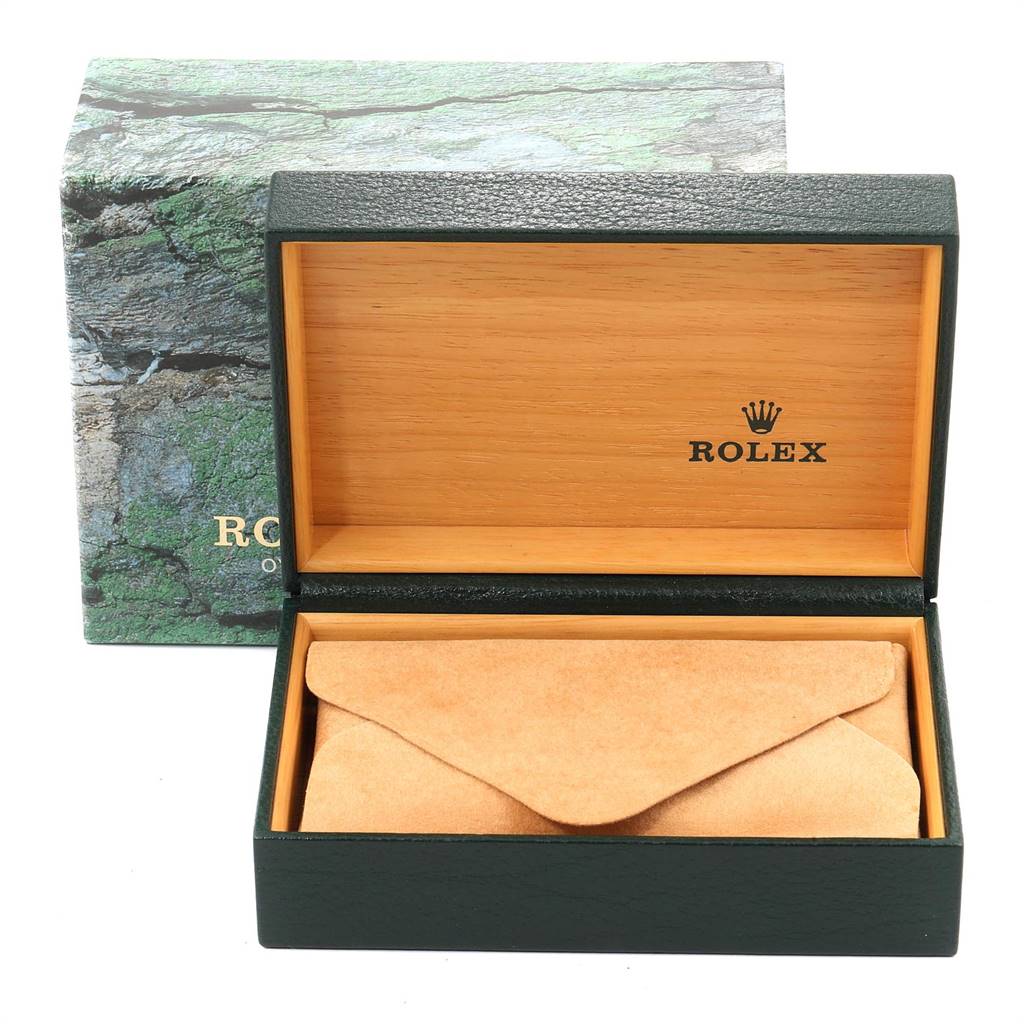 The image shows the open box and leather pouch for a Rolex Mid-Size 178273 Women's Steel and Gold (two tone) Silver Dial 178273 Women's Steel and Gold (two tone) Silver Dial watch from a front angle.