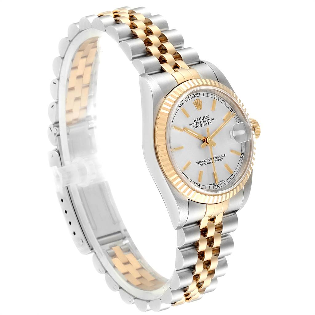 The Rolex Mid-Size 178273 Women's Steel and Gold (two tone) Silver Dial 178273 Women's Steel and Gold (two tone) Silver Dial model wristwatch is shown at a three-quarter angle, highlighting its two-tone bracelet and the face with date display.