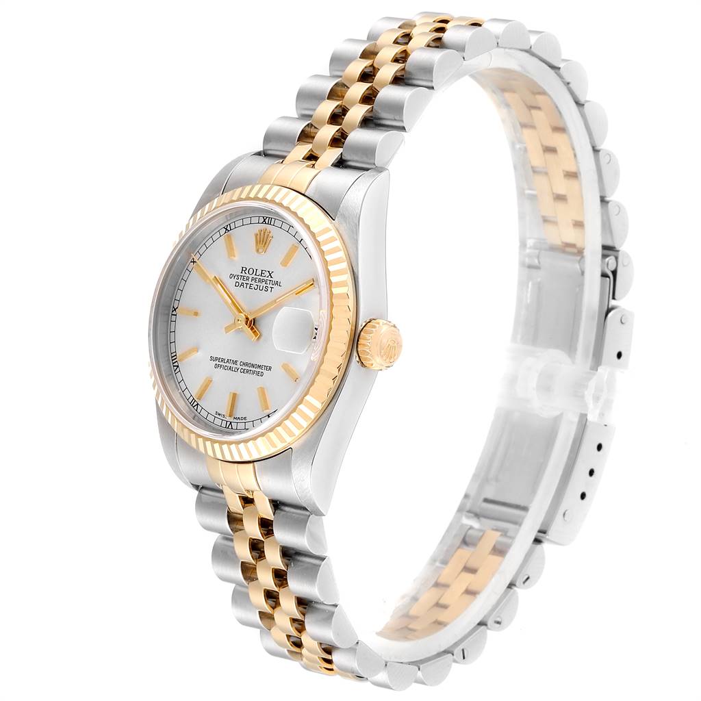 This image shows a Rolex Mid-Size 178273 Women's Steel and Gold (two tone) Silver Dial 178273 Women's Steel and Gold (two tone) Silver Dial Datejust from a three-quarter angle, highlighting the dial, bezel, crown, and bracelet.