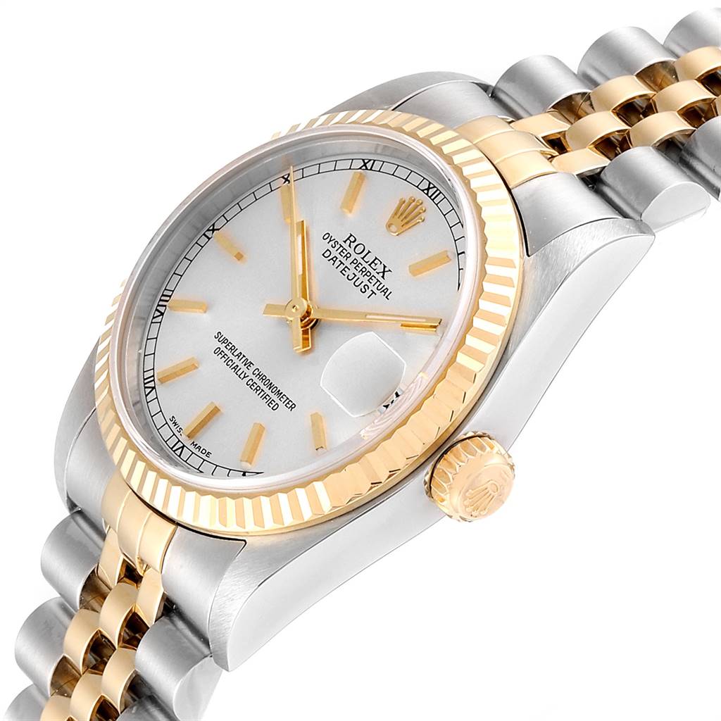 This image shows a Rolex Datejust Mid-Size watch at an angle, highlighting the face, bezel, crown, and bracelet.