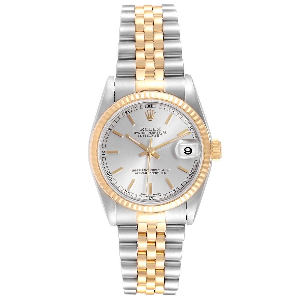 The image shows a Rolex Mid-Size 178273 Women's Steel and Gold (two tone) Silver Dial 178273 Women's Steel and Gold (two tone) Silver Dial Oyster Perpetual Datejust watch from a top-down angle, highlighting the dial, bezel, and bracelet.