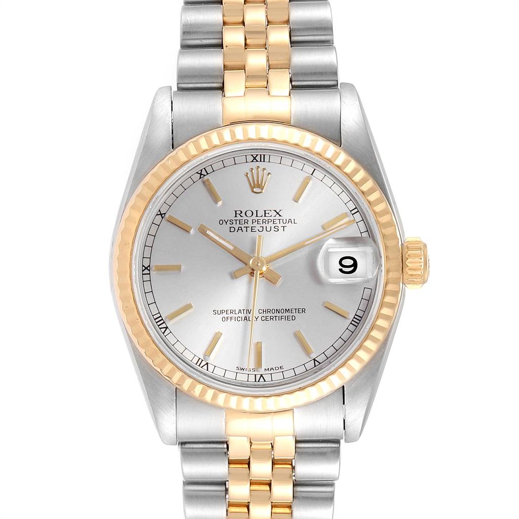 The image shows a front view of a Rolex Mid-Size 178273 Women's Steel and Gold (two tone) Silver Dial 178273 Women's Steel and Gold (two tone) Silver Dial Oyster Perpetual Datejust watch, displaying the dial, bezel, and bracelet.