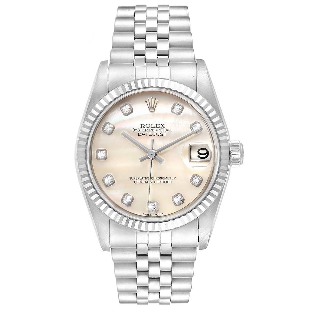 This is a front view of a Rolex Oyster Perpetual Datejust Mid-Size watch, showing the face, bezel, crown, and bracelet.