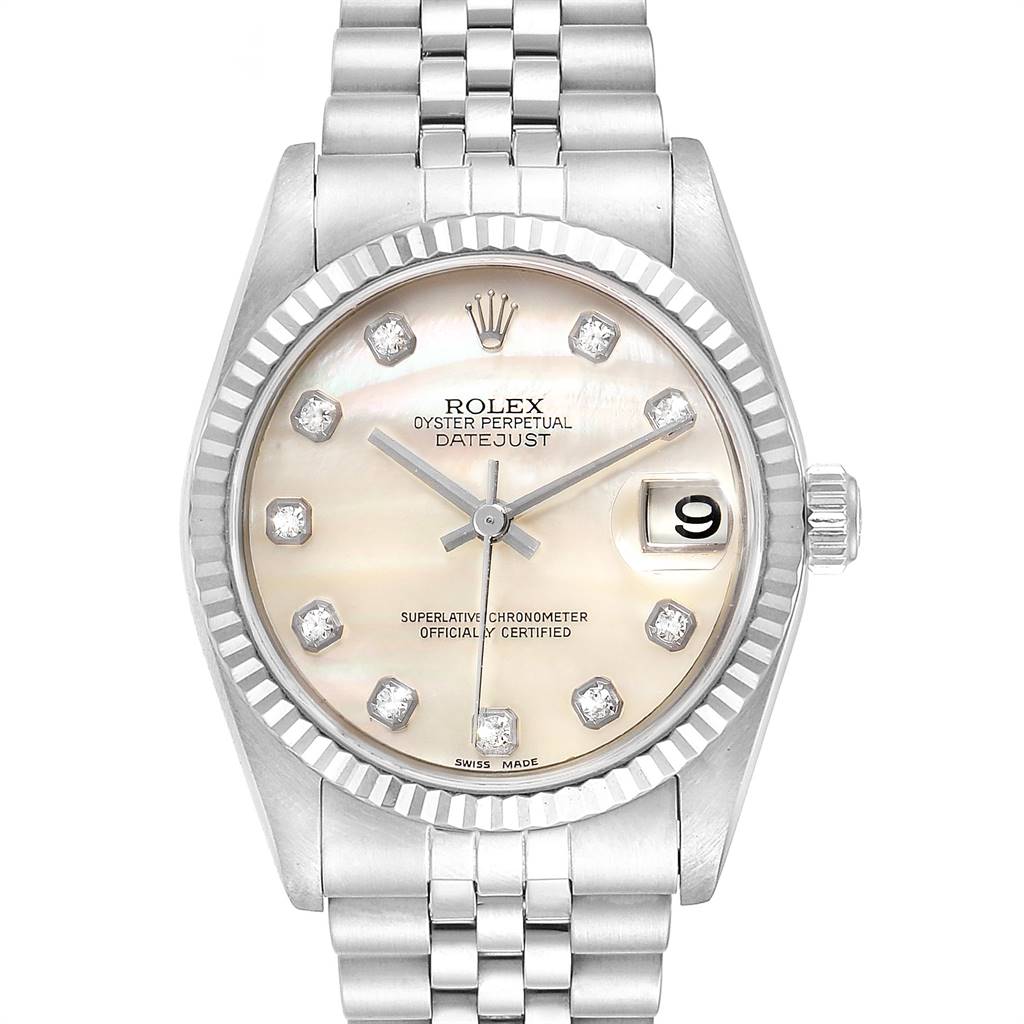 This is a front-facing view of a Rolex Oyster Perpetual Datejust Mid-Size model watch showing the dial, bezel, bracelet, and crown.