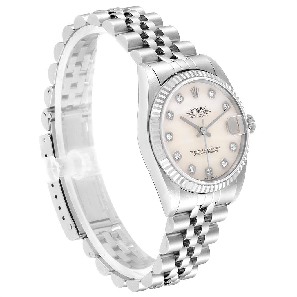 This image shows a Rolex Mid-Size 78274 Women's Stainless Steel Mother of Pearl Dial 78274 Women's Stainless Steel Mother of Pearl Dial Oyster Perpetual Datejust watch from an angled side view, clearly displaying its face and bracelet.