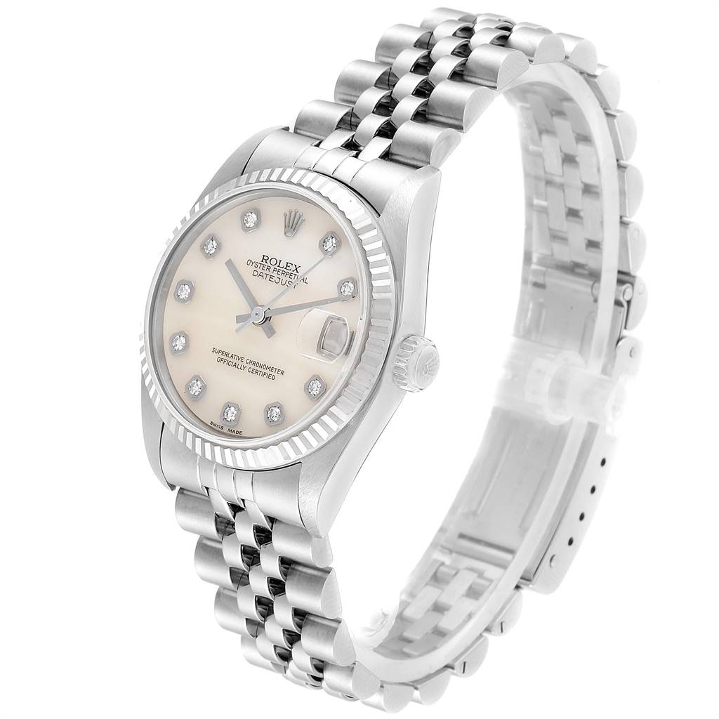 This Rolex Mid-Size 78274 Women's Stainless Steel Mother of Pearl Dial 78274 Women's Stainless Steel Mother of Pearl Dial watch is shown at an angle displaying its face, bezel, crown, and Jubilee bracelet.