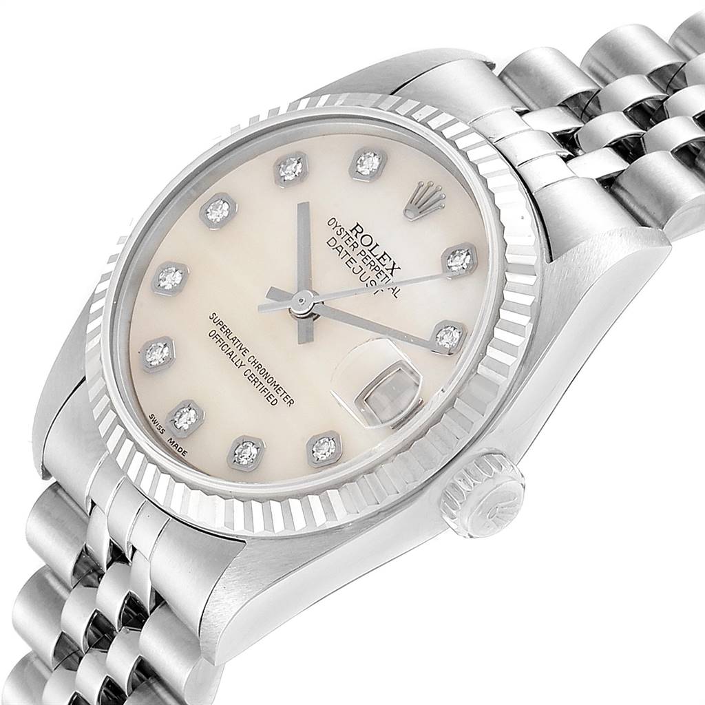 The image shows a Rolex Mid-Size 78274 Women's Stainless Steel Mother of Pearl Dial 78274 Women's Stainless Steel Mother of Pearl Dial Oyster Perpetual Datejust watch at an angled view, highlighting the dial, bezel, and bracelet.