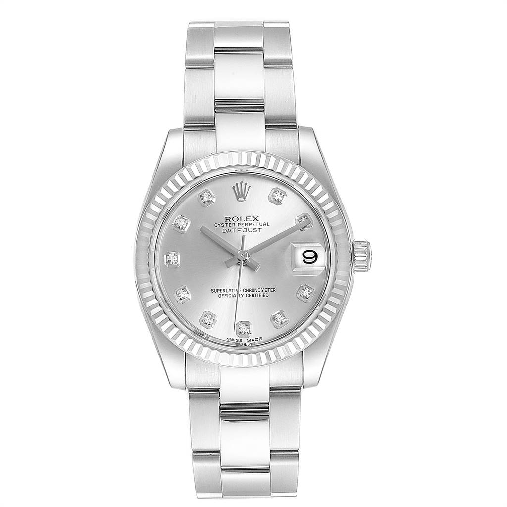 This image shows a front view of the Mid-Size Rolex Datejust, highlighting the dial, bezel, bracelet, and crown.