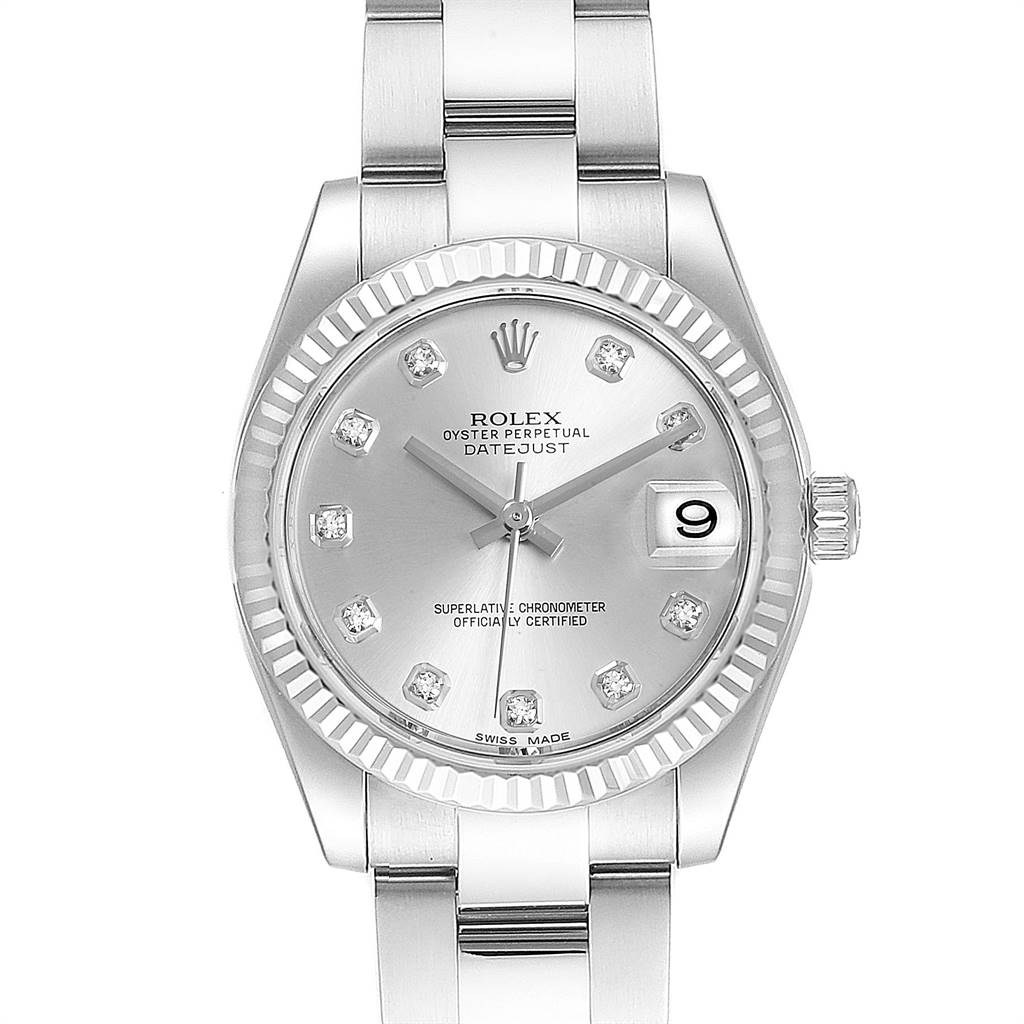 The image shows a frontal view of a Mid-Size Rolex Oyster Perpetual Datejust watch with a silver dial and a stainless steel bracelet.
