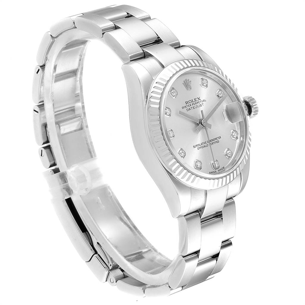 The Rolex Mid-Size 178274 Women's Stainless Steel Silver Dial 178274 Women's Stainless Steel Silver Dial model watch is shown at an angled view, displaying the face, bezel, and bracelet.