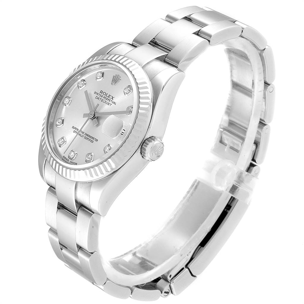 This image shows a mid-size Rolex Datejust watch angled to display the face, fluted bezel, bracelet, and crown.
