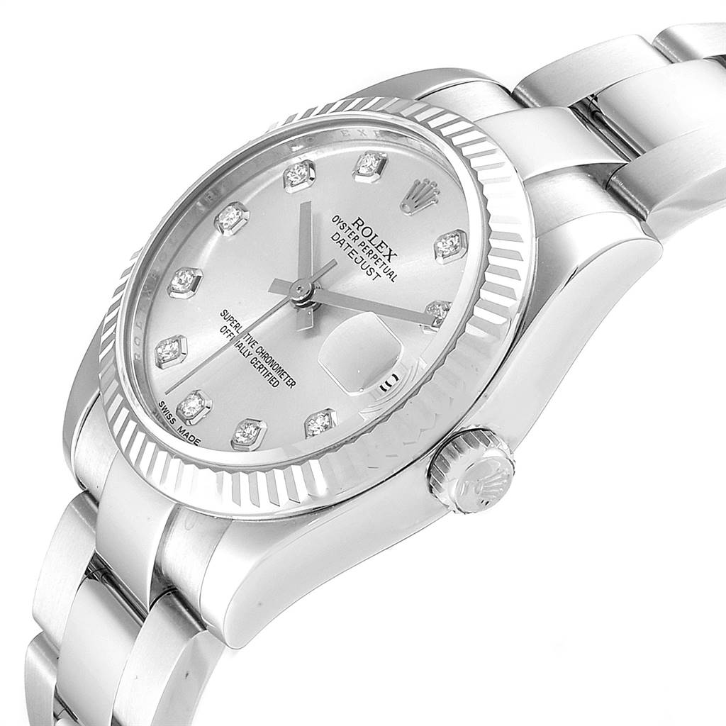This image shows a close-up angled view of the Rolex Datejust Mid-Size watch, highlighting the dial, bezel, and bracelet.