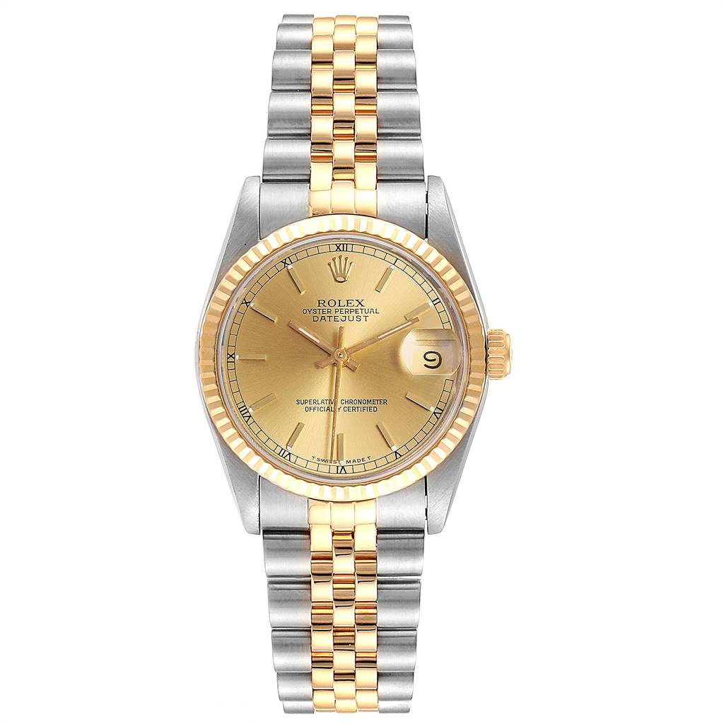 The Rolex Mid-Size 68273 Women's Steel and Gold (two tone) Champagne Dial 68273 Women's Steel and Gold (two tone) Champagne Dial Datejust watch is shown from a top-down angle, displaying its dial, bezel, and Jubilee bracelet.