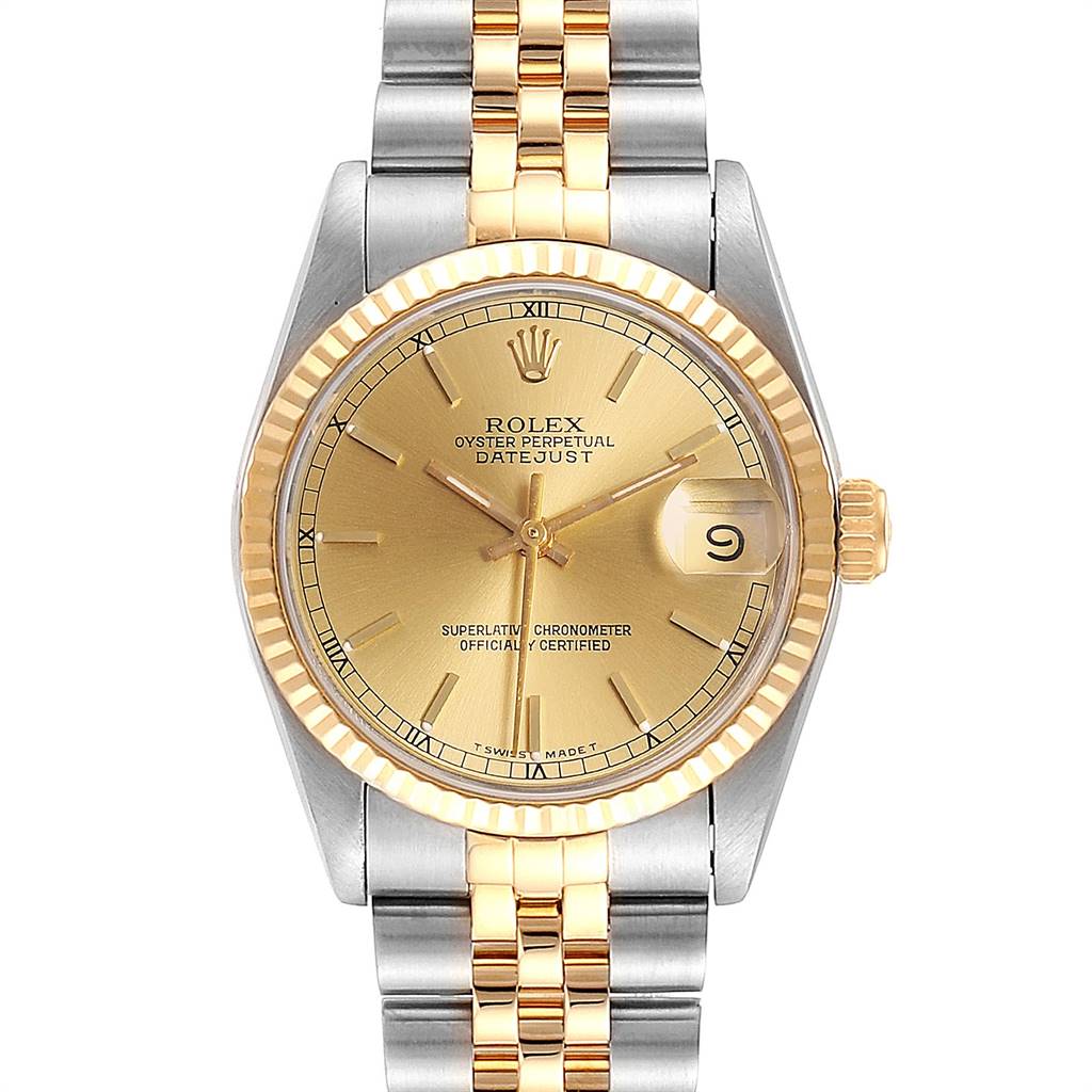 This image shows a front view of a Rolex Datejust Mid-Size watch, highlighting its gold and silver bracelet, dial, and bezel.
