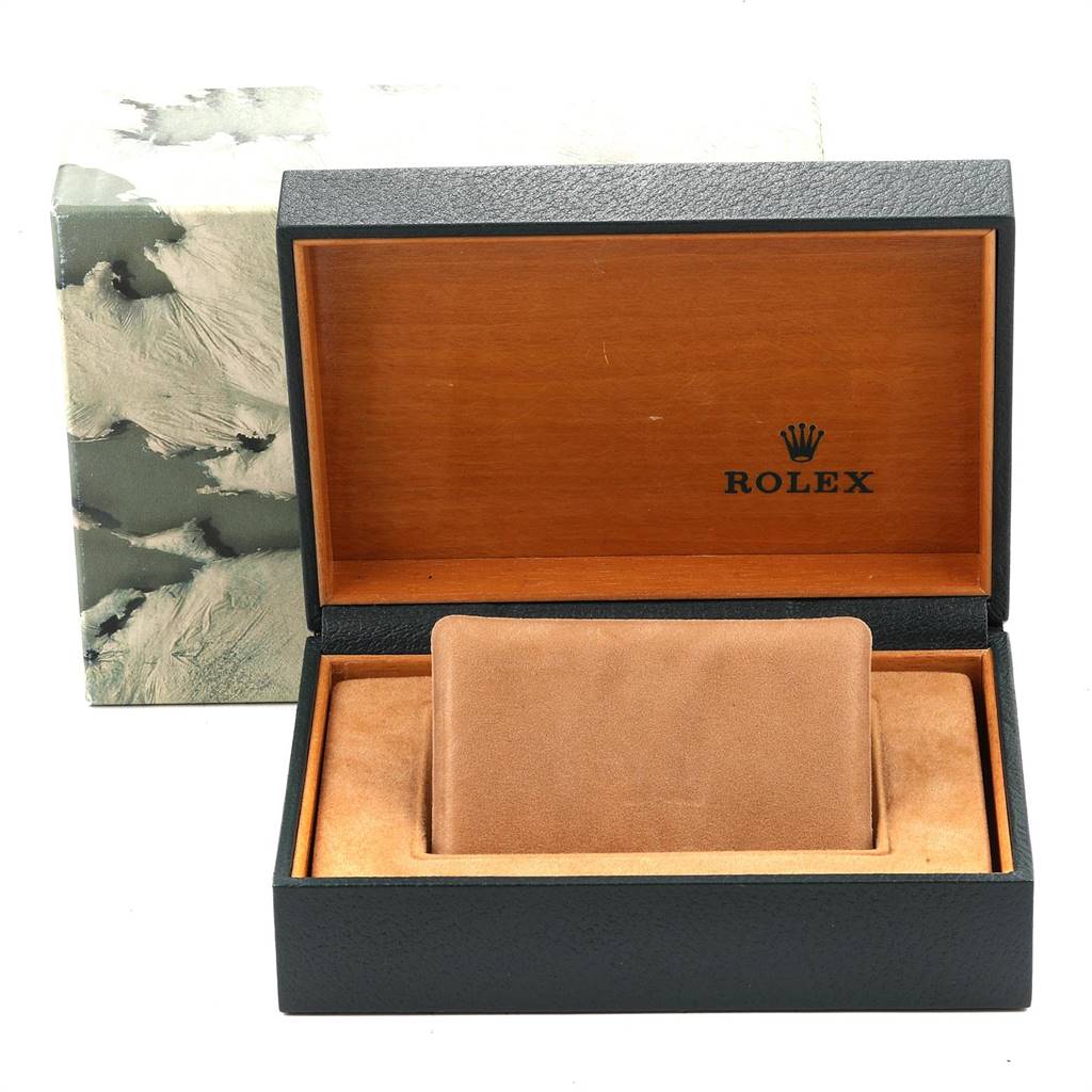 This image shows an open green and brown Rolex watch box for the Mid-Size model, with no watch inside.