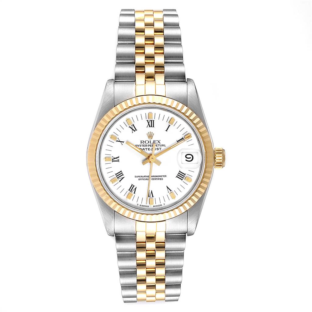The image shows a front view of a Mid-Size Rolex Datejust watch, highlighting its white dial, gold accents, and jubilee bracelet.
