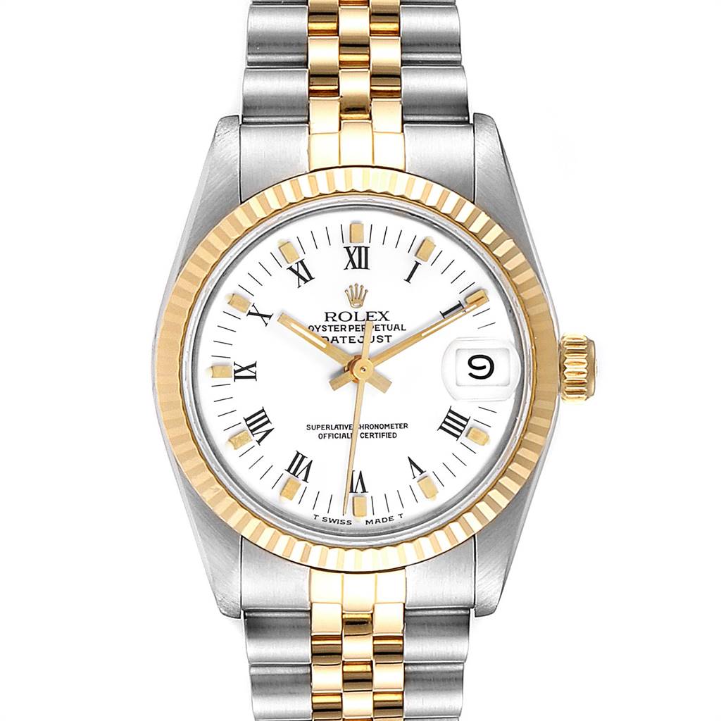 The image shows a front view of a Rolex Mid-Size 68273 Women's Steel and Gold (two tone) White Dial 68273 Women's Steel and Gold (two tone) White Dial Oyster Perpetual Datejust watch with a two-tone band and Roman numeral dial.