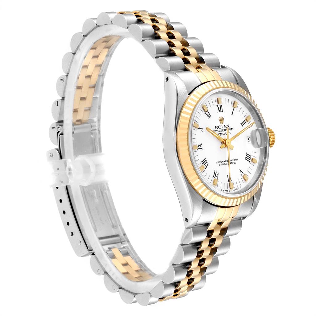The Rolex Mid-Size 68273 Women's Steel and Gold (two tone) White Dial 68273 Women's Steel and Gold (two tone) White Dial watch is shown at a side angle, displaying its bracelet, case, and dial.