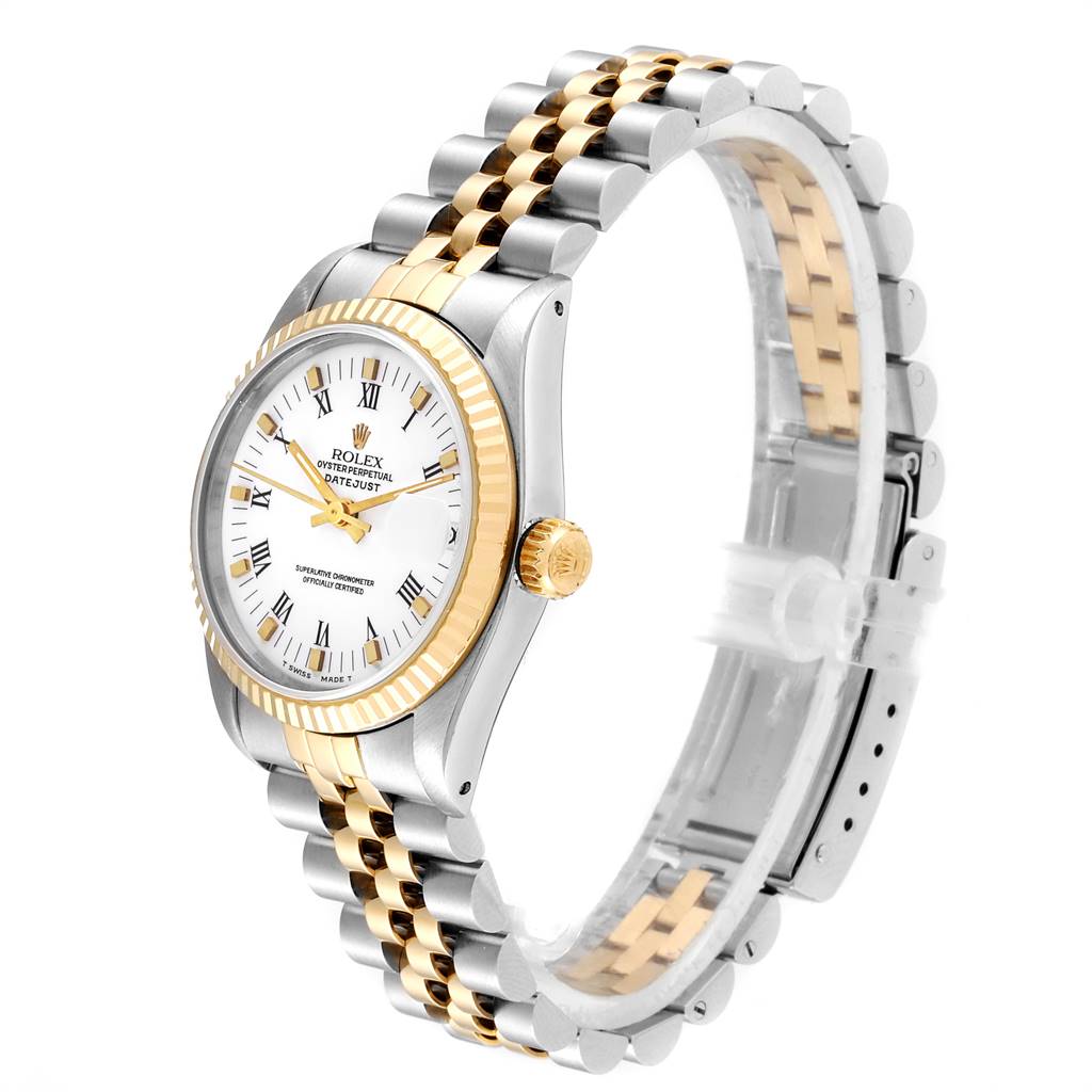 The image shows a side view of a Rolex Mid-Size 68273 Women's Steel and Gold (two tone) White Dial 68273 Women's Steel and Gold (two tone) White Dial Datejust, featuring its bezel, dial, and two-tone bracelet.