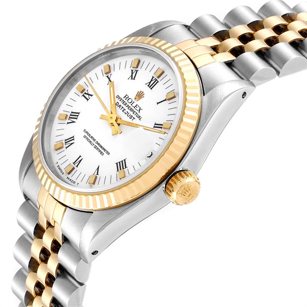 The image shows a side angle of a Rolex Mid-Size 68273 Women's Steel and Gold (two tone) White Dial 68273 Women's Steel and Gold (two tone) White Dial Oyster Perpetual Datejust, highlighting the bezel, crown, and bracelet.