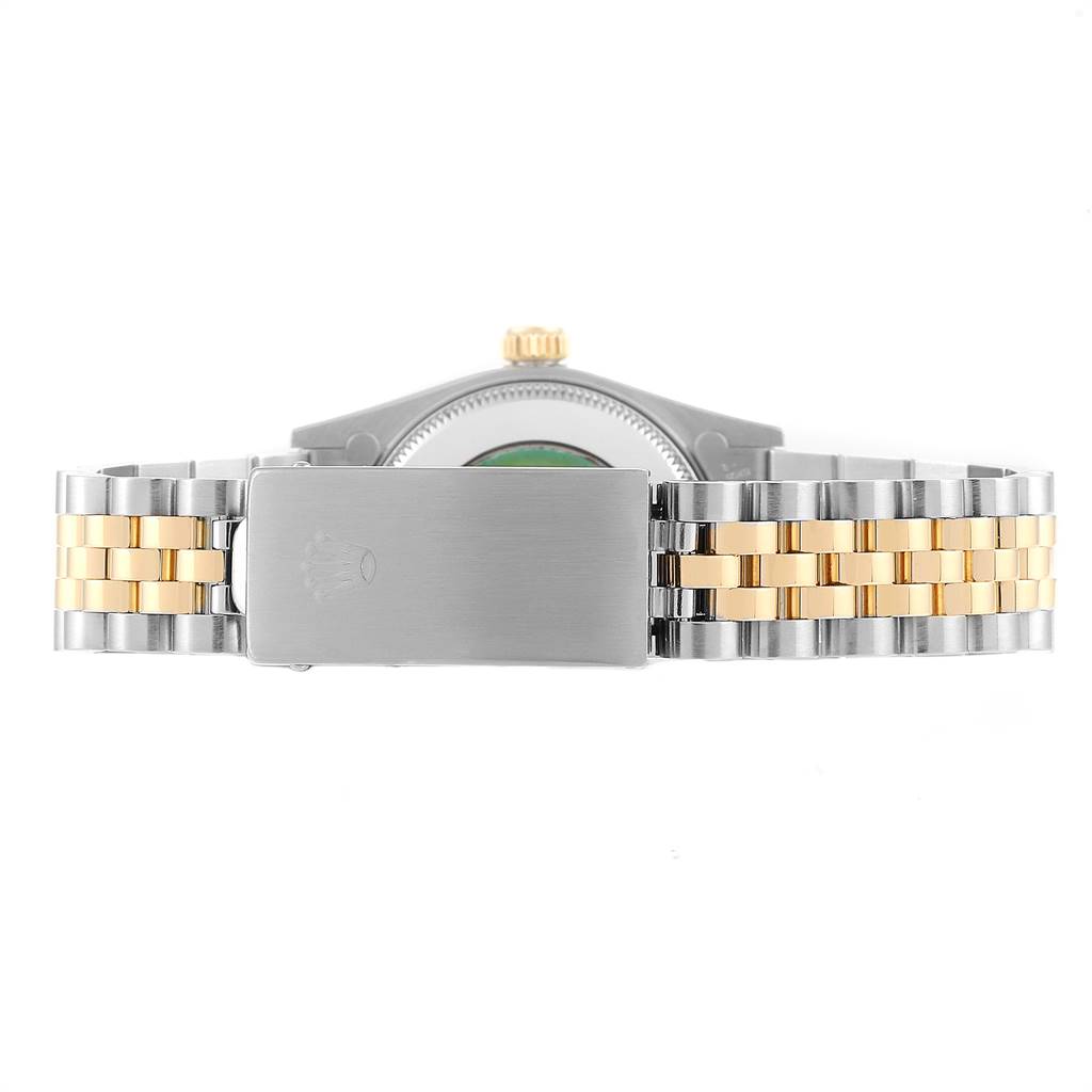 This image shows the clasp and bracelet of a Mid-Size Rolex watch, with a two-tone metal design.