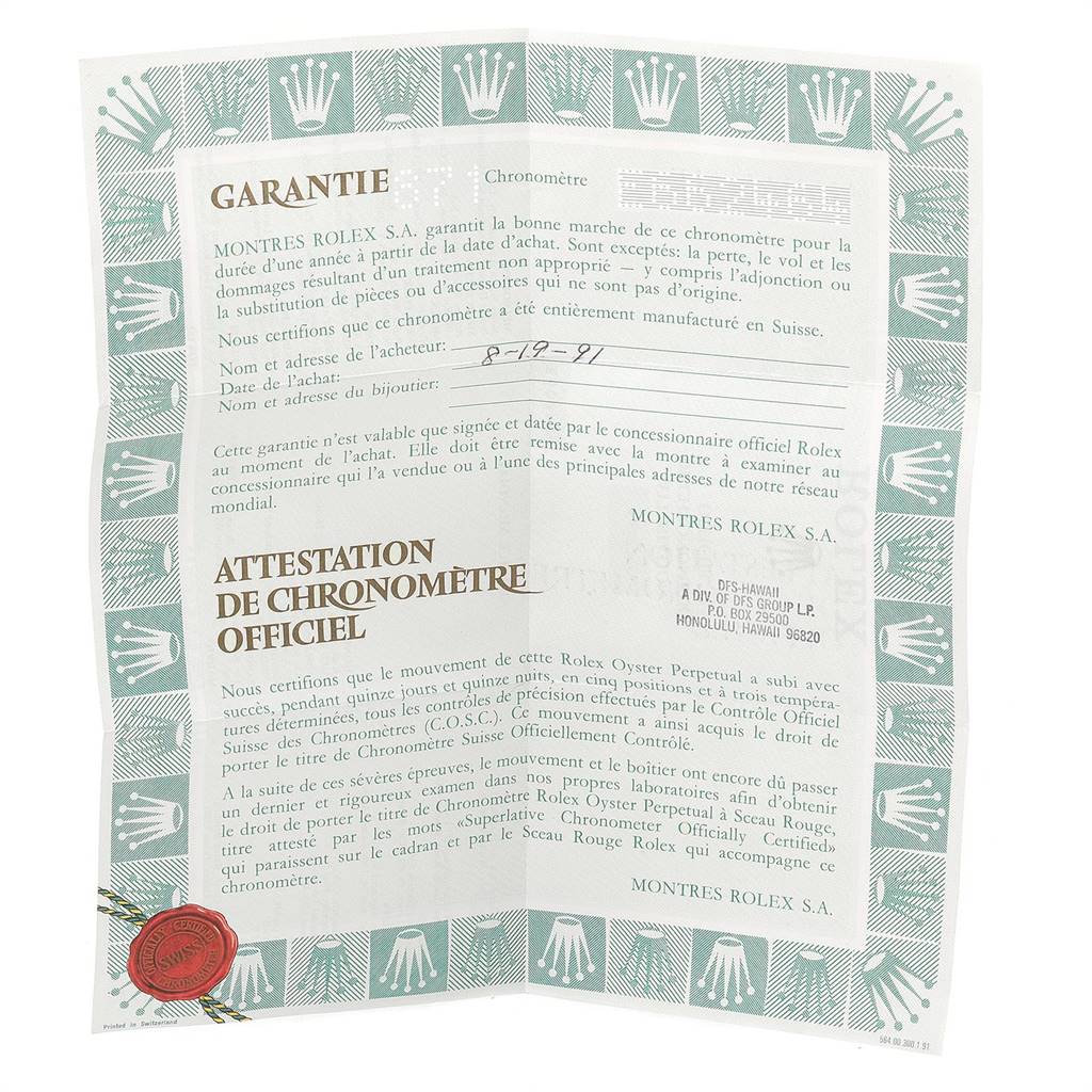 The image shows the official warranty and chronometer certification for a mid-size Rolex watch, dated 1991.