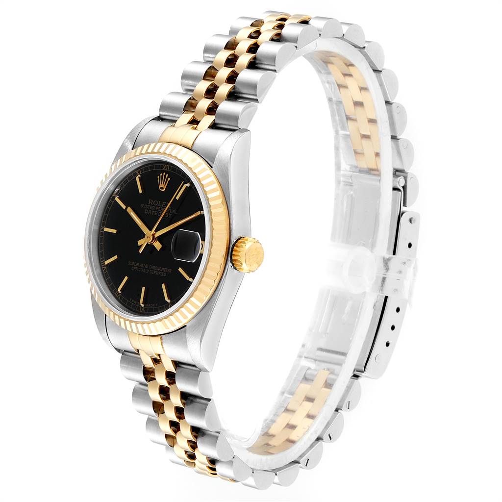 The image shows a side view of a Mid-Size Rolex Datejust with a two-tone bracelet and black dial.