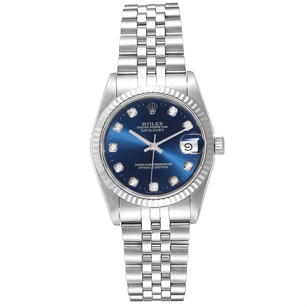 This image shows a front view of the Rolex Oyster Perpetual Datejust Mid-Size watch, displaying the face, hands, date window, and bracelet.