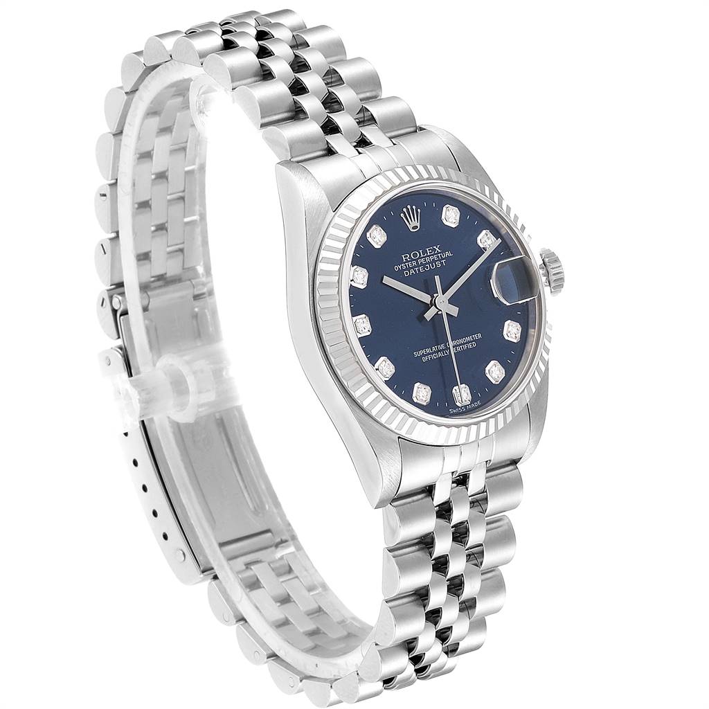 This image shows a side angle view of a Rolex Mid-Size 68274 Women's Stainless Steel Blue Dial 68274 Women's Stainless Steel Blue Dial Datejust watch, highlighting its dial, bezel, and bracelet.