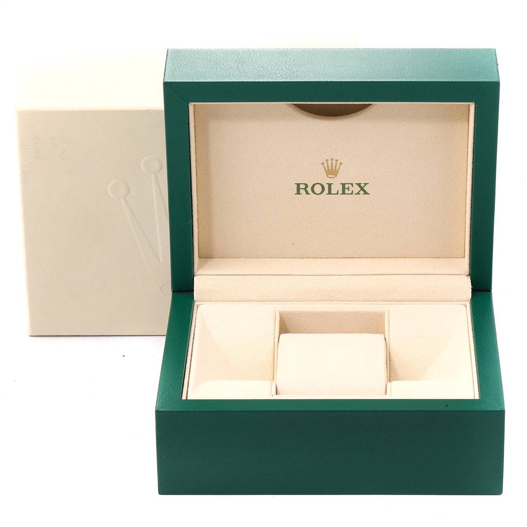 The image shows an open green and beige Rolex watch box, presumably for a Rolex Mid-Size 178383 Women's Steel and Gold (two tone) Green Dial 178383 Women's Steel and Gold (two tone) Green Dial model.