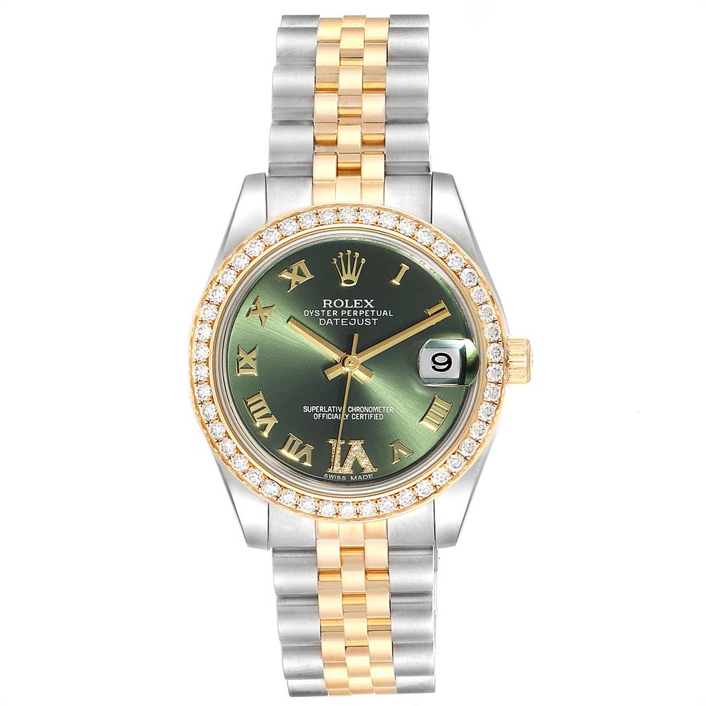 The image shows a front view of a Rolex Mid-Size 178383 Women's Steel and Gold (two tone) Green Dial 178383 Women's Steel and Gold (two tone) Green Dial Datejust watch with a bi-metal bracelet and diamond bezel.