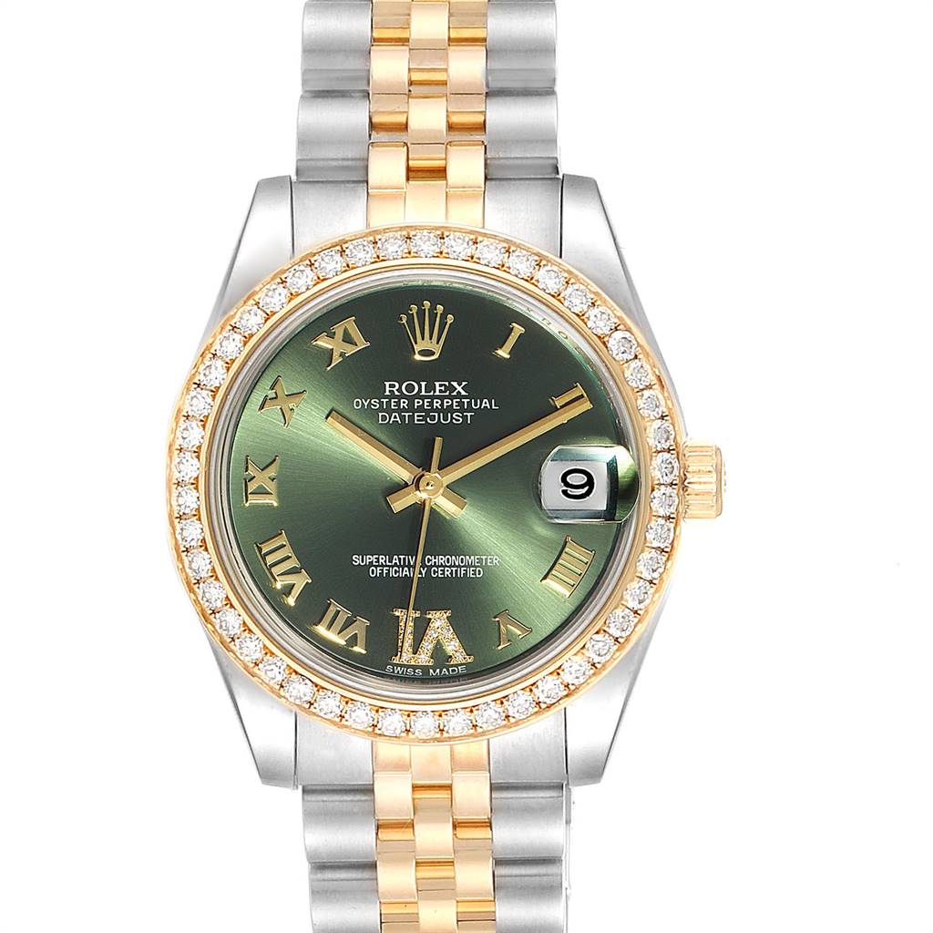 The image shows a Rolex Mid-Size 178383 Women's Steel and Gold (two tone) Green Dial 178383 Women's Steel and Gold (two tone) Green Dial Datejust watch from a front angle, displaying the face, bezel, and part of the bracelet.