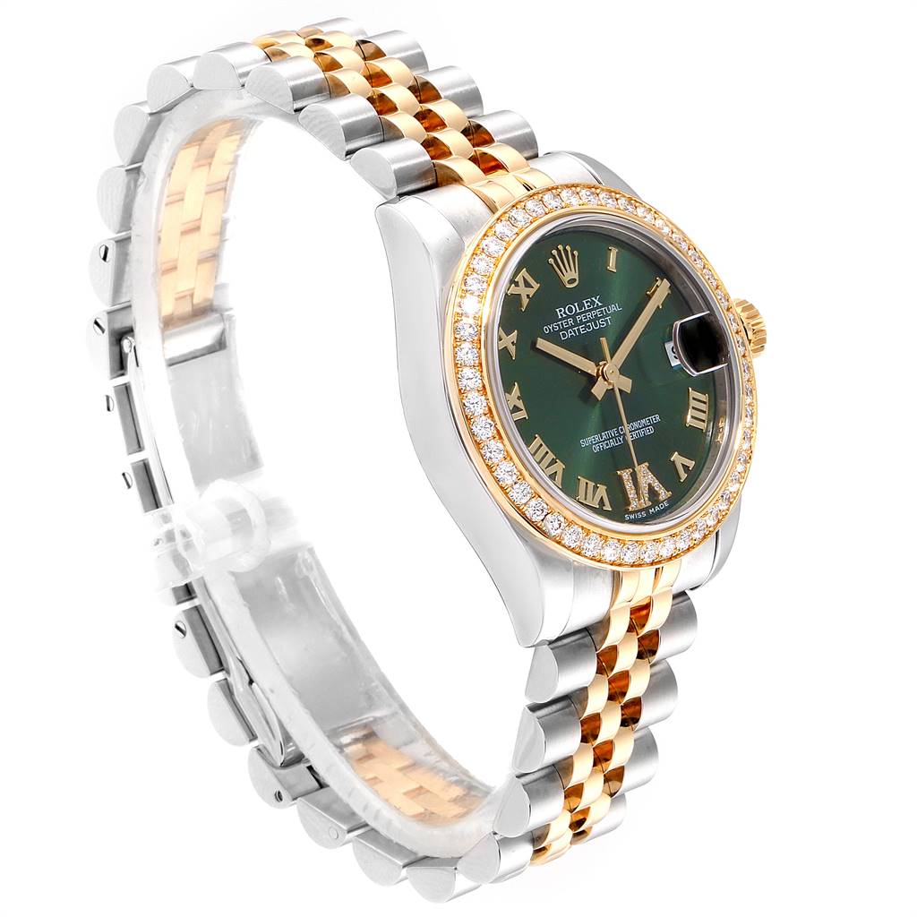 The image shows a Rolex Mid-Size 178383 Women's Steel and Gold (two tone) Green Dial 178383 Women's Steel and Gold (two tone) Green Dial Datejust watch at an angle highlighting the face, bezel, and bracelet.