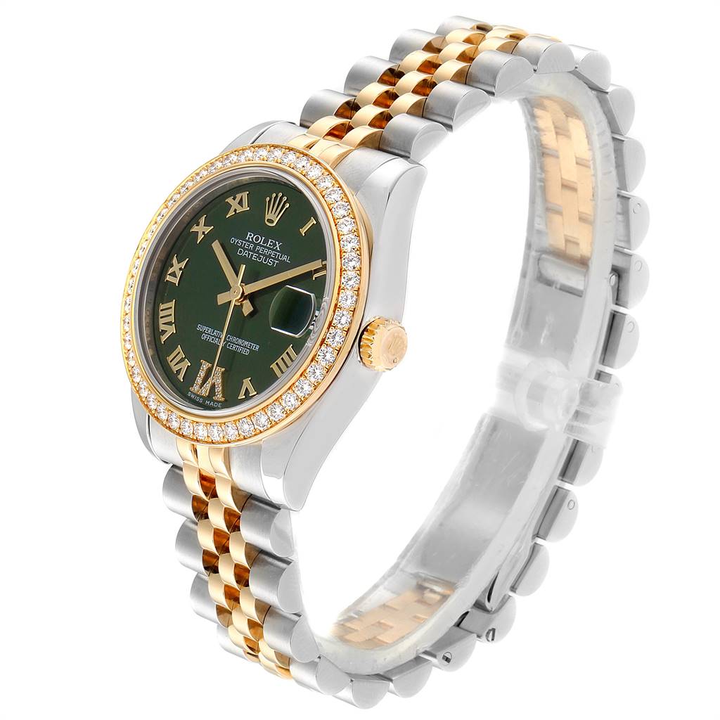The Rolex Mid-Size 178383 Women's Steel and Gold (two tone) Green Dial 178383 Women's Steel and Gold (two tone) Green Dial Datejust watch is shown at a slight angle, displaying its green dial, gold bezel, and two-tone bracelet.