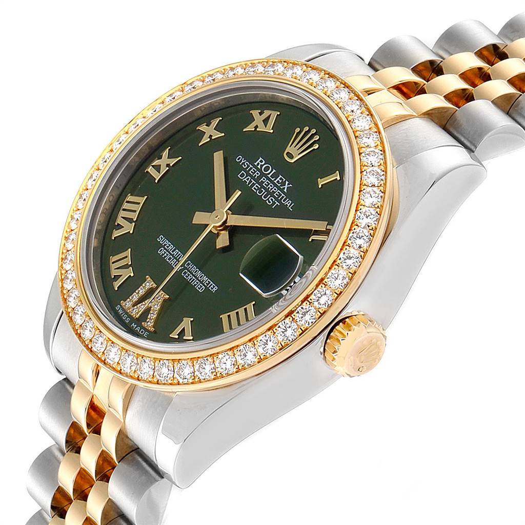The image shows a close-up angled view of a Rolex Mid-Size 178383 Women's Steel and Gold (two tone) Green Dial 178383 Women's Steel and Gold (two tone) Green Dial watch, highlighting the dial, bezel, crown, and part of the strap.