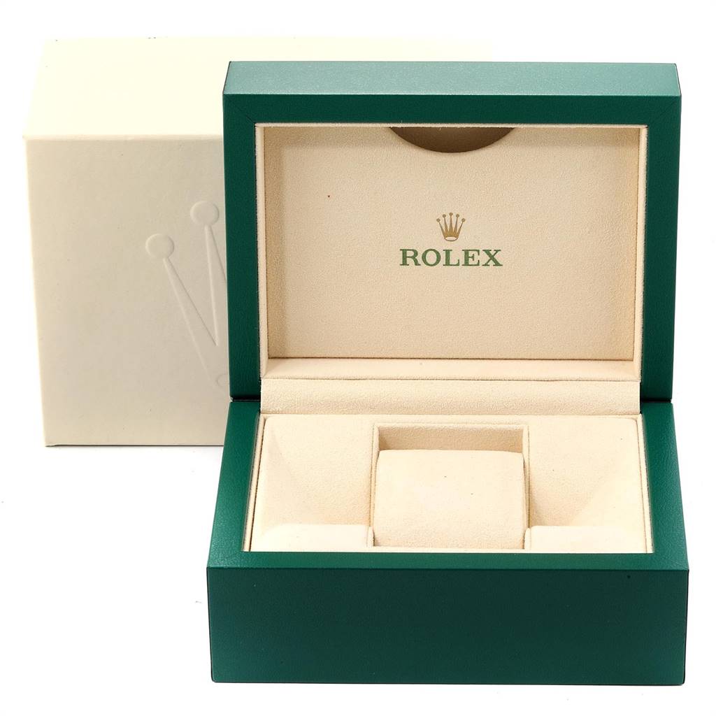 This image shows an open Rolex watch box for a Mid-Size model, highlighting the cushioned interior and brand logo.