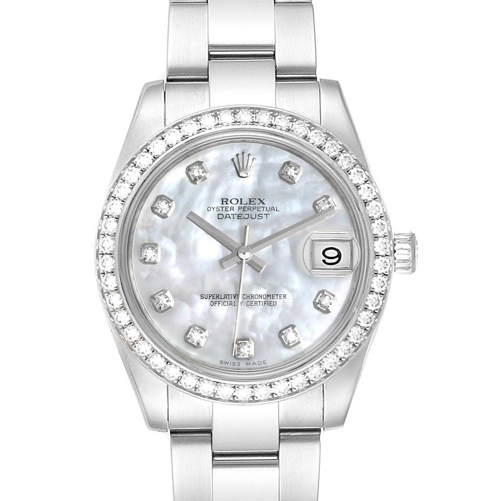 The image shows a head-on view of the Rolex Datejust Mid-Size watch with a diamond-set bezel and mother-of-pearl dial.