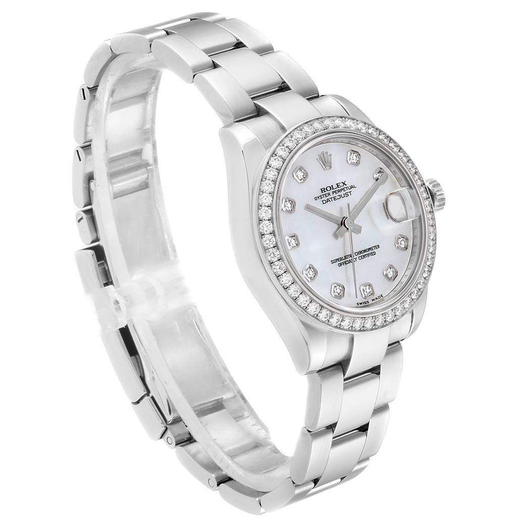 The image shows a side and front angle of the Mid-Size Rolex watch, highlighting the dial, bezel, and bracelet.